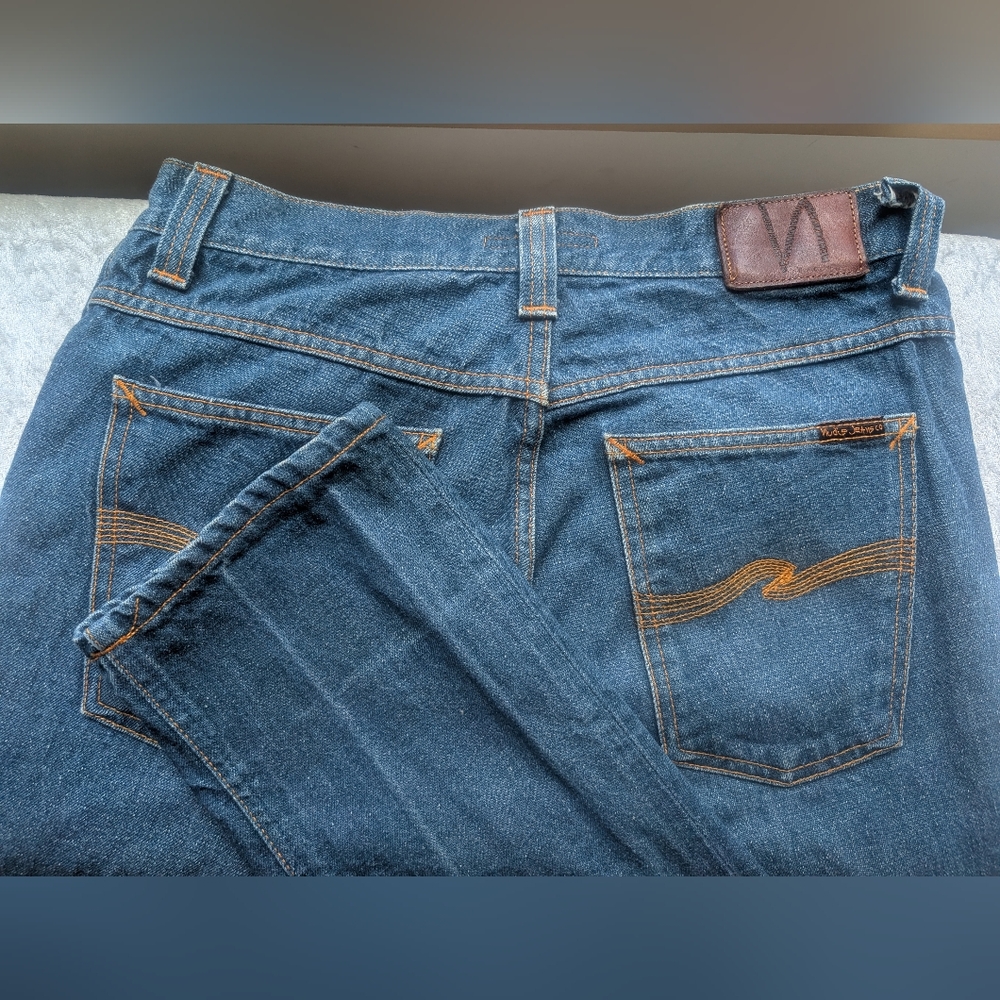 Nudie Grim Tim Organic Dry Greencast Button Fly 32 X 32 Jeans Vintage Blue